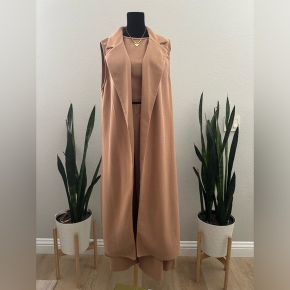 NOTCH COLLAR VEST COAT & SOLID TANK TOP & PALAZZO‎ PANTS SET - Picture 6 of 12